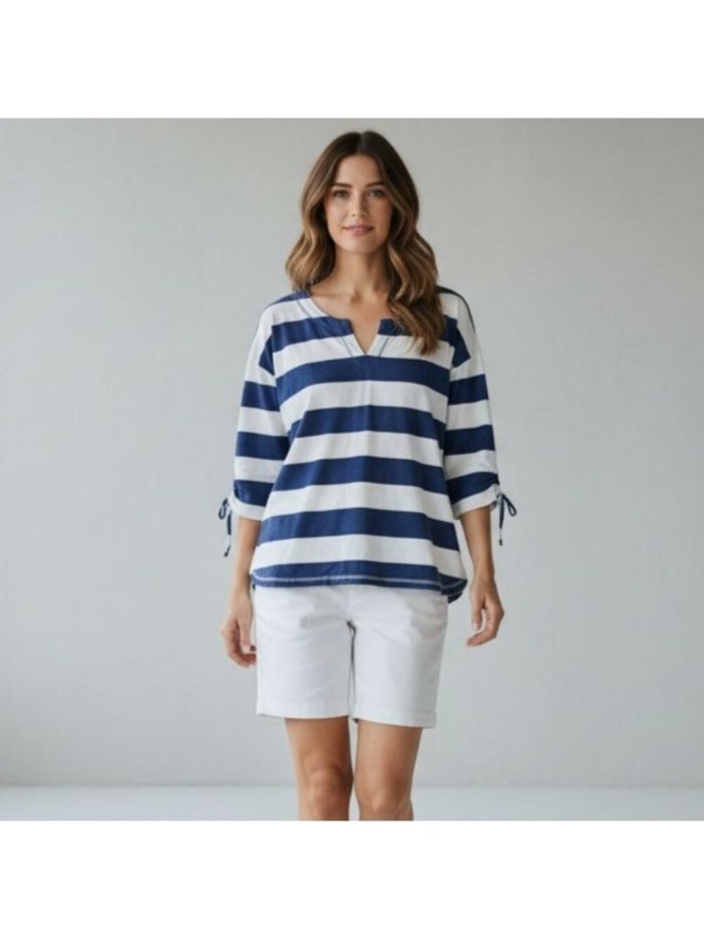 T By Talbots Womens Blue & White Stripe Pullover Top XL Drawstring Sleeves Coast